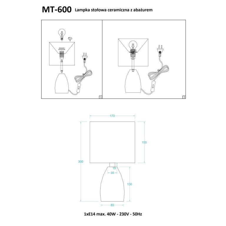 MT-600W biała l.stołowa ceramika+abażur E14