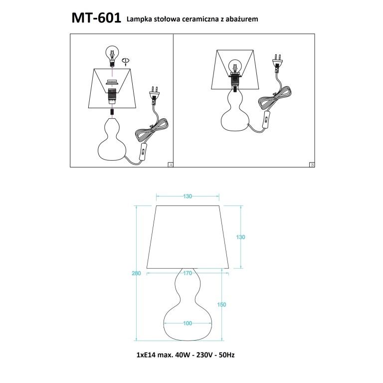 MT-601W biała l.stołowa ceramika+abażur E14