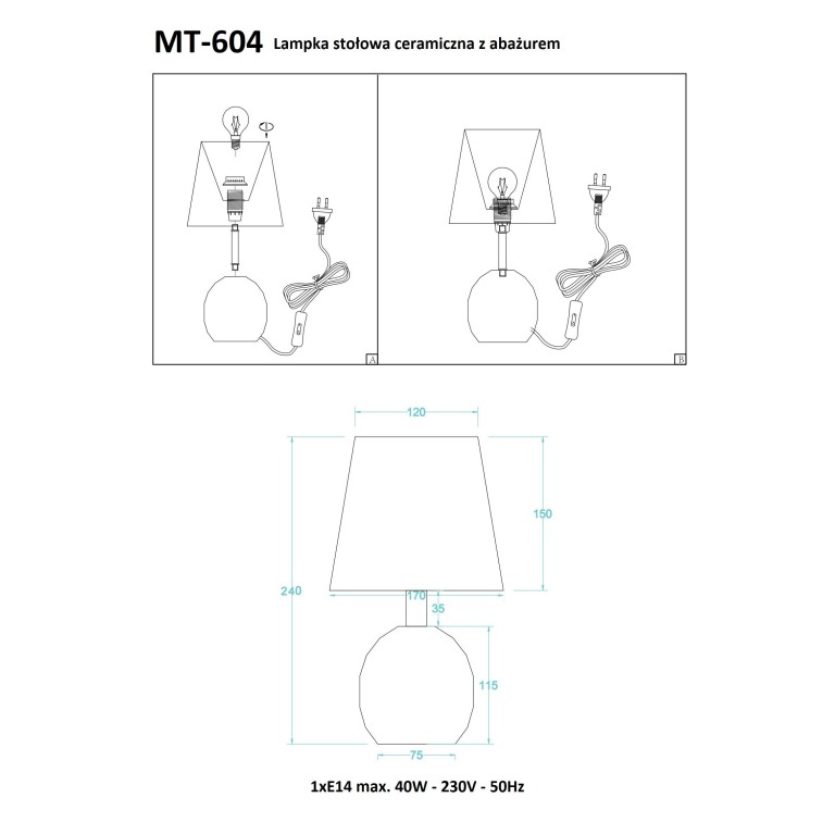 MT-604G szara l.stołowa ceramika+abażur E14